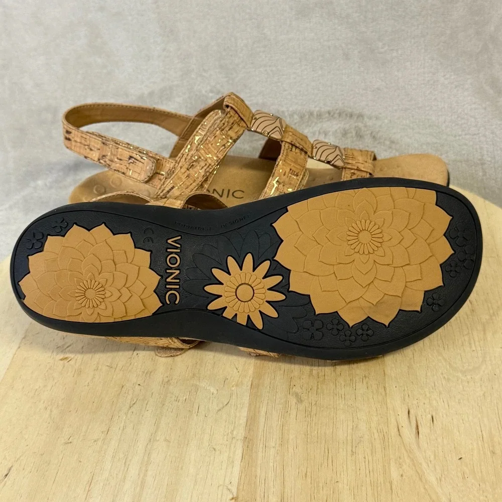 Vionic Amber Cork Gold Fleck Adjustable Slingback Sandals 44AMBER Women 9
